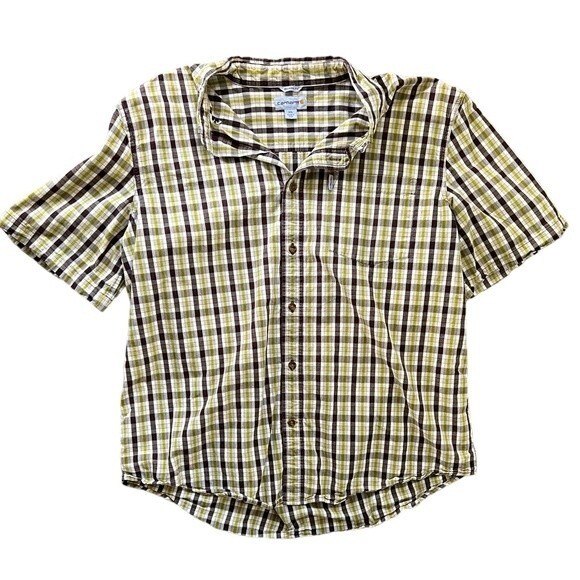 Carhartt Relaxed Fit Short Sleeve Button Front Beige Brown Green Men's size XXL - Picture 1 of 6